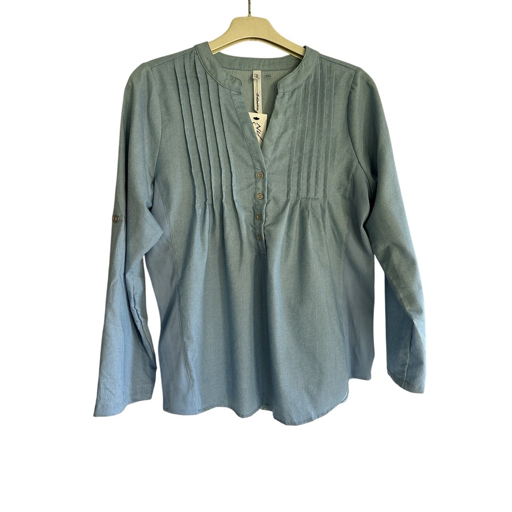 NY Collection New Women's Size L Pleated Pullover Top Roll-Tab-Sleeve Light Blue